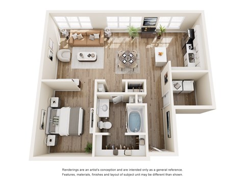 Floor plan for 1 bed, 1 bath, 1005 sqft